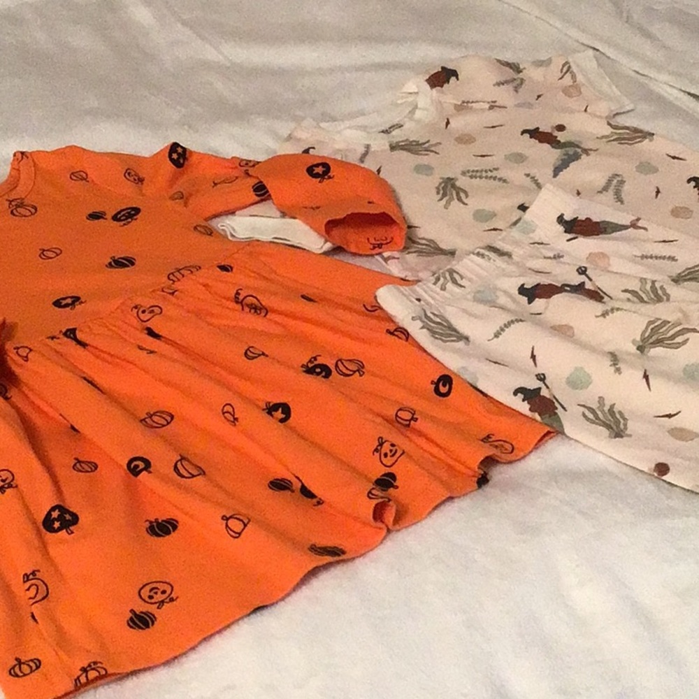Orange pumpkin print girls dress in a neutral mermaid PJ set